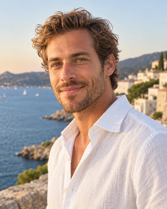 AI-generated man turning slightly in a coastal portrait