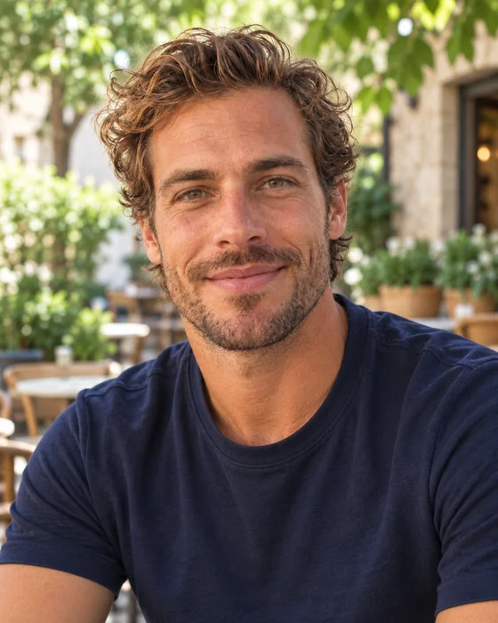 The same AI-generated man at an outdoor cafe