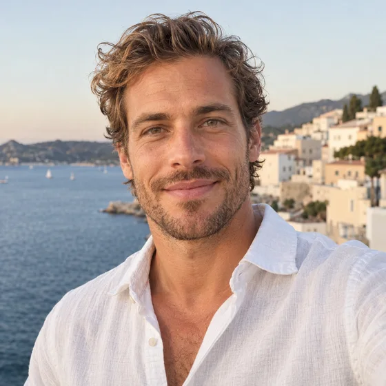 Starting photo of an AI-generated man in a white linen shirt by the sea